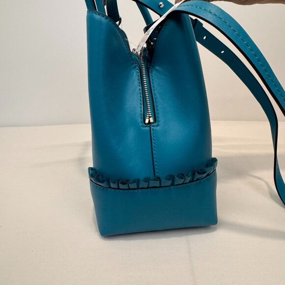 Michael Kors Teal Leather Handbag With Ruffled Accents & Adjustable Strap - Picture 4 of 14